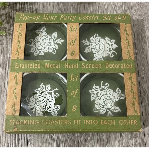 Vintage Metal Tole Ware Coasters In Original Box Green White Floral Set of 8 - Picture 2 of 13
